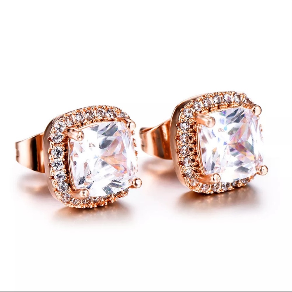 Diamond CZ Rose Gold Square Stud Earrings